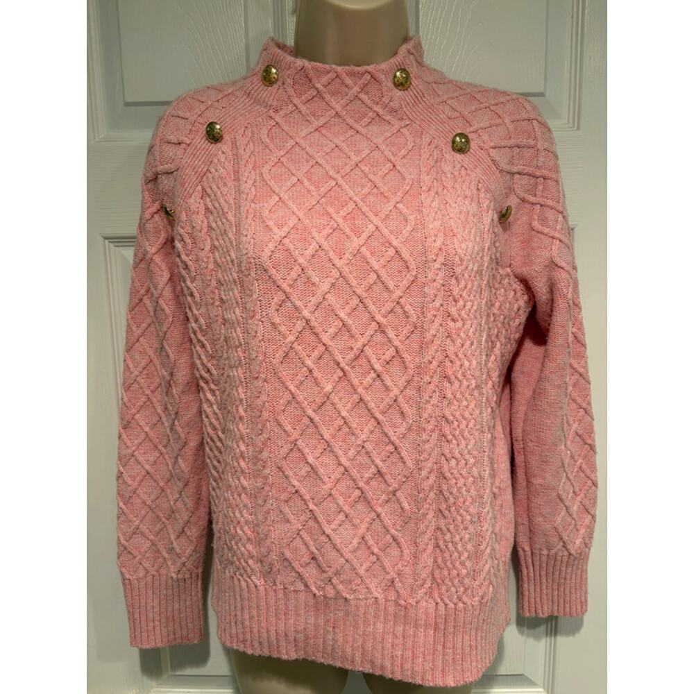 Talbots Pink Cable Knit Sweater Womens Small Mock Neck Gold Button Shoulder